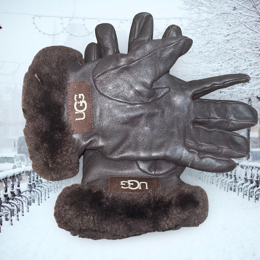 UGG Womens Brown Leather Gloves Size Small S Wool Cashmere Lined Winter Luxury